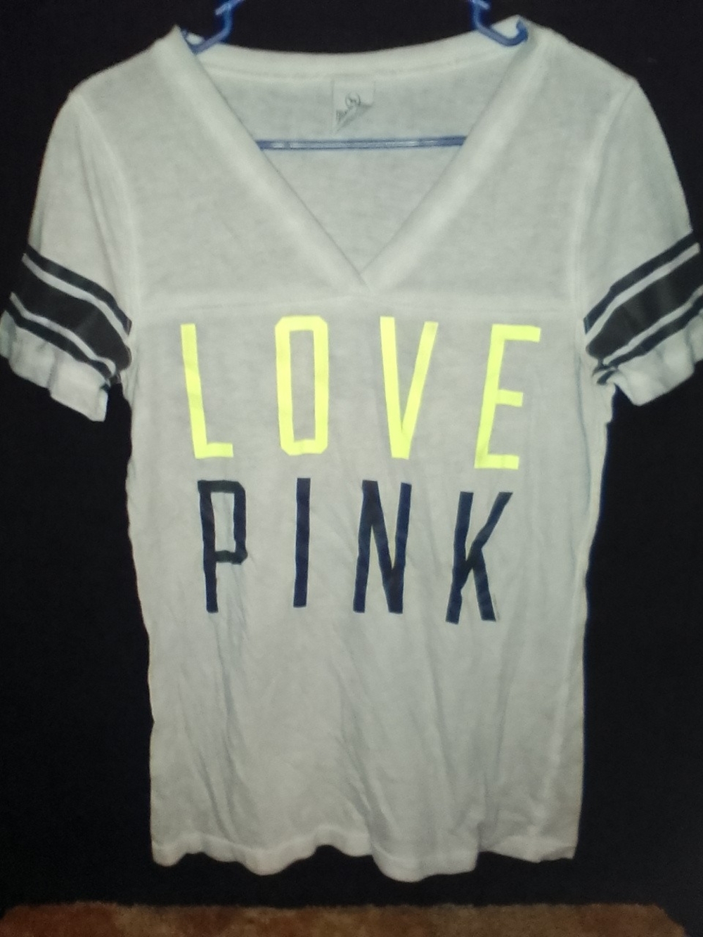 PINK Love Pink V-Neck Tee - Light Gray with Neon Yellow & Black Large